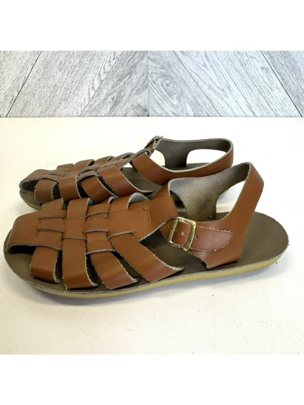 Saltwater Sun-San Sailor Woven Brown Leather Sandals Unisex Big Kids Size 3